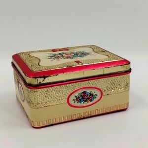 Made in Holland metal hinged tin can floral ornate embossed pink trim vintage